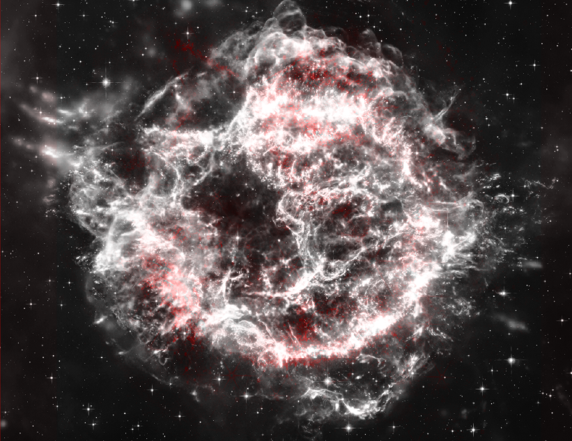 A black and white schematic view of Cassiopeia A, with different areas highlighted in red for argon and neon.