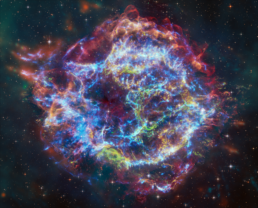 This image of Cassiopeia A resembles a disk of electric light with red clouds, glowing white streaks, red and orange flames, and an area near the center of the remnant resembling a somewhat circular region of green lightning. X-rays from Chandra are blue and reveal hot gas, mostly from supernova debris from the destroyed star, and include elements like silicon and iron. X-rays are also present as thin arcs in the outer regions of the remnant.  Infrared data from Webb is red, green, and blue. Webb highlights infrared emission from dust that is warmed up because it is embedded in the hot gas seen by Chandra, and from much cooler supernova debris. Hubble data shows a multitude of stars that permeate the field of view.