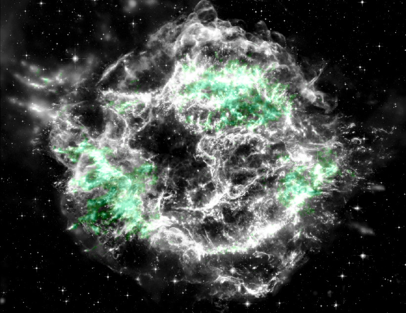 A black and white schematic view of Cassiopeia A, with substantial areas highlighted in green for iron.