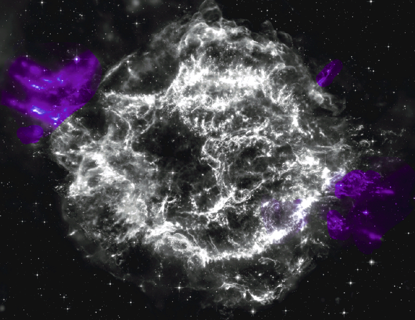 A black and white schematic view of Cassiopeia A, with areas at 10 o'clock and four o'clock highlighted in neon purple, to show the location of the jets.