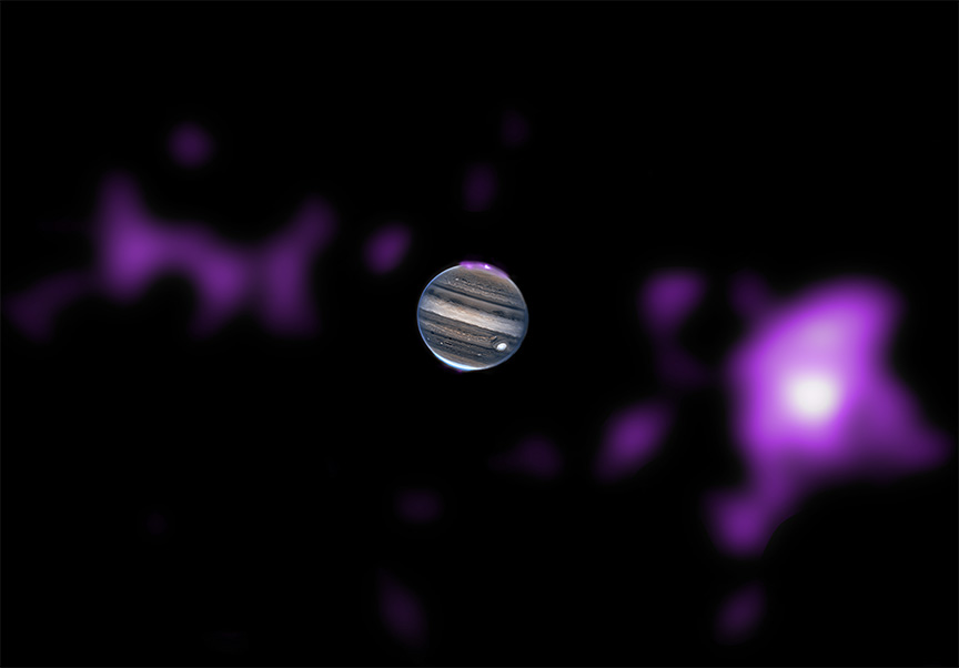 In this composite image of Jupiter, the fifth planet from the sun is set against the blackness of space, flanked by neon purple blobs. Here, Jupiter is presented in exceptionally clear focus. More than a dozen bands of swirling gas streak the surface, each a different texture and shade of grey. The gas giant is encircled by a fine, sky-blue ring, the same color as the large storm which swirls on its surface at our lower right. At the top edge of Jupiter, tilted just to our right of center, is a neon purple strip. A similar, smaller line of neon purple can be found at the bottom edge of the planet. Capping the planet’s magnetic poles, these purple strips represent X-ray auroras, created when high-energy particles collide with gas in the planet’s atmosphere. At our right and left, large hazy blobs of neon purple flank Jupiter, some larger than the gas giant itself. Like the auroras, these purple clouds represent X-rays observed by Chandra.