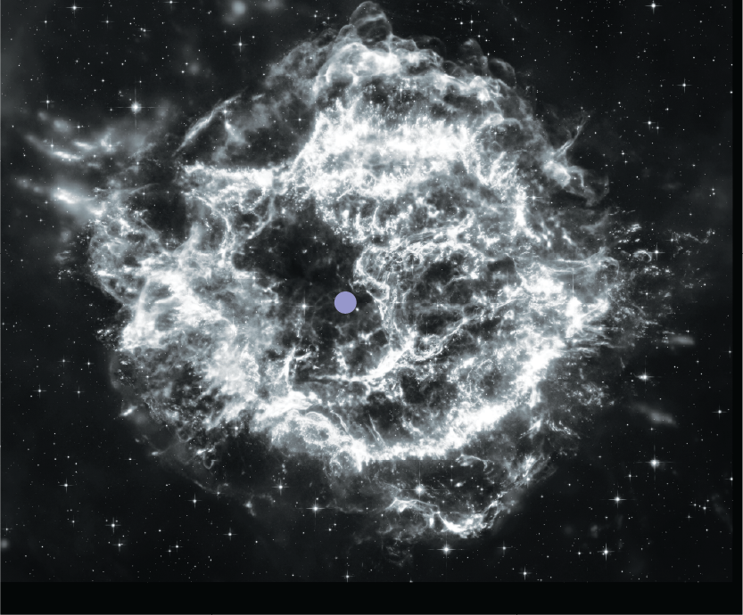 A black and white schematic view of Cassiopeia A, with a purple dot in the center, representing the neutron star.