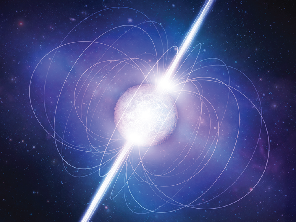 Artist's rendition of a neutron star, a tight sphere of matter with glowing loops indicating energetic fields, growing between north and south poles, and surrounding the neutron star like a cage of energy.