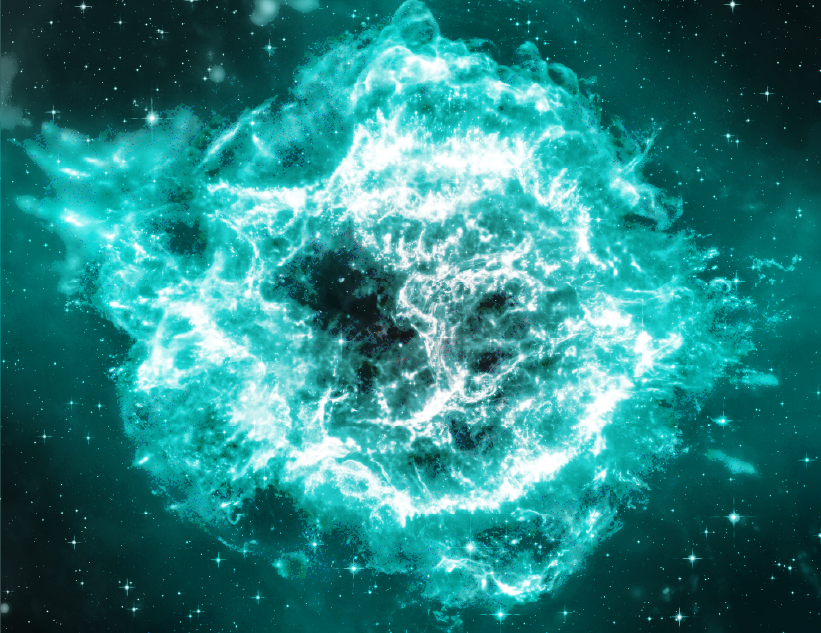 A black and white schematic view of Cassiopeia A, with an overlay of neon turquoise encapsulating the entire remnant and then extending beyond its borders, to show the breadth of the outer shockwave.