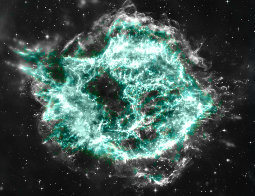 A black and white schematic view of Cassiopeia A, with a large area highlighted in light turquoise for silicon.