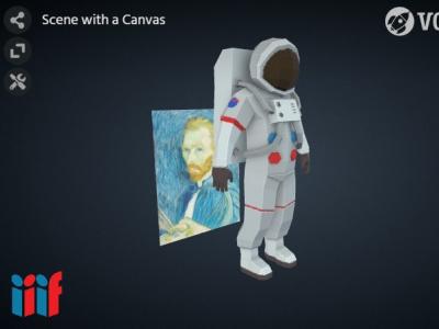 Image of the Voyager web app with a 3D model of an astronaut and Van Gogh self portrait behind, with dark blue background